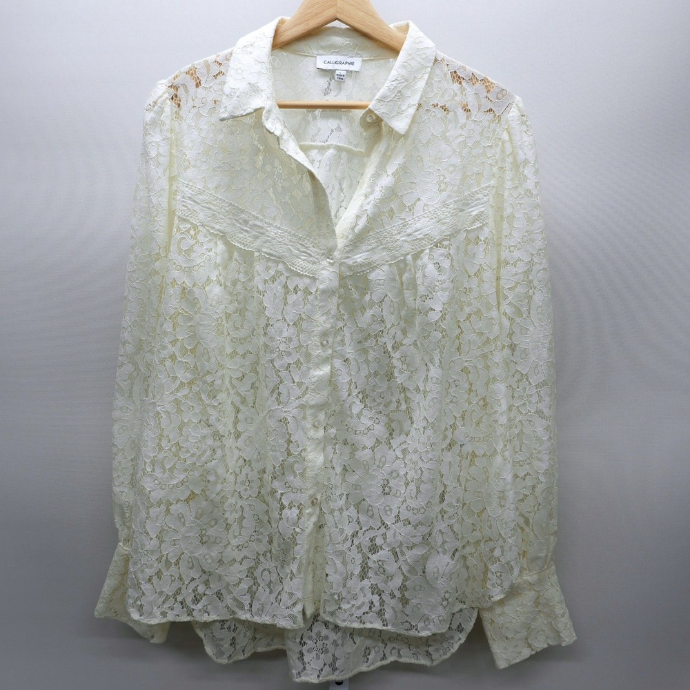 Calligraphie Womens Ivory Floral Lace Button Down Blouse Shirt Large
